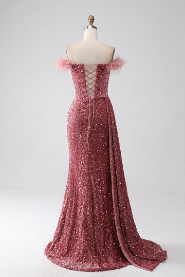 Vestido de fiesta de lentejuelas de colorete con hombros descubiertos de sirena con abertura